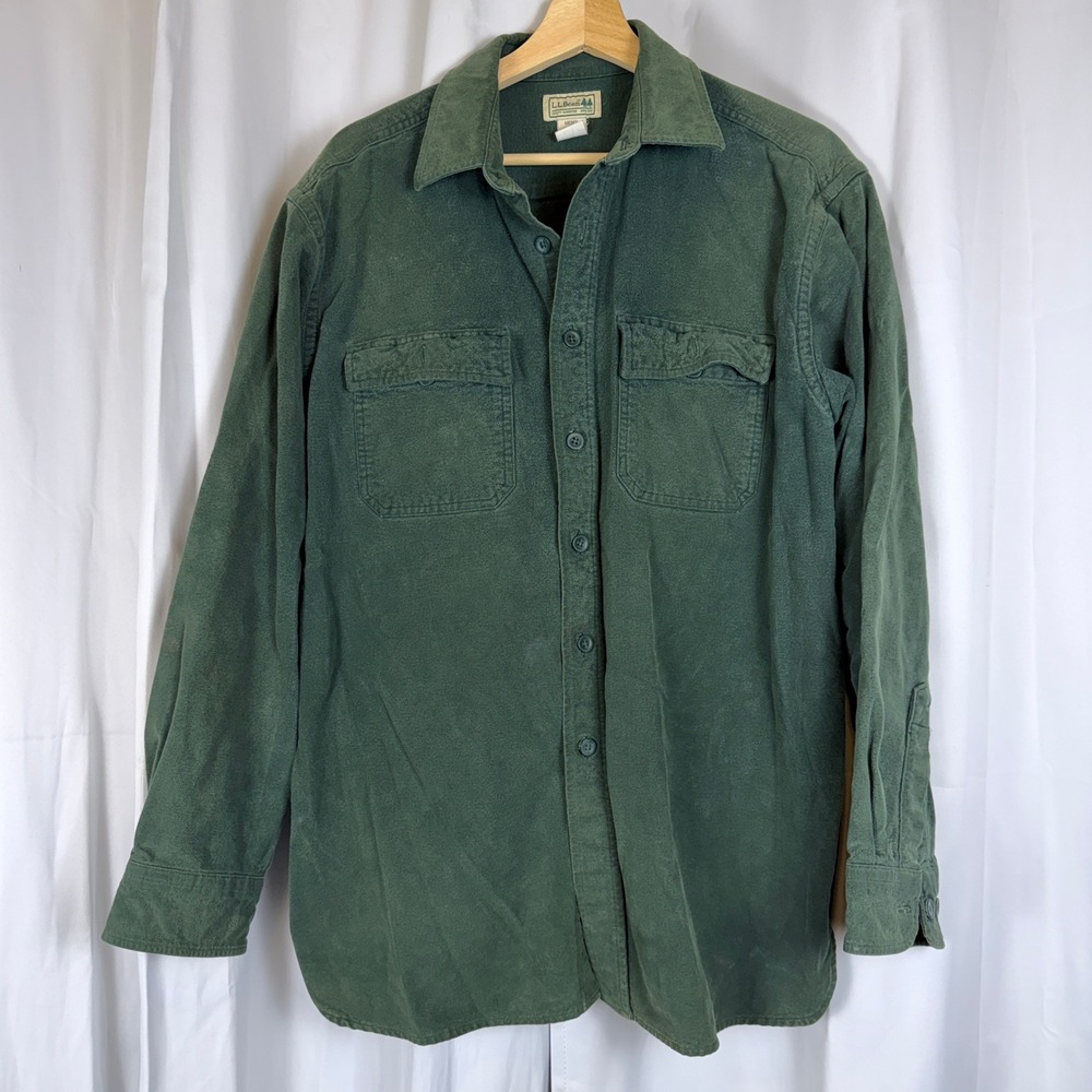 LL Bean Mens Chamois Cloth Shirt Large Forest Green Cotton Flannel 0MT03